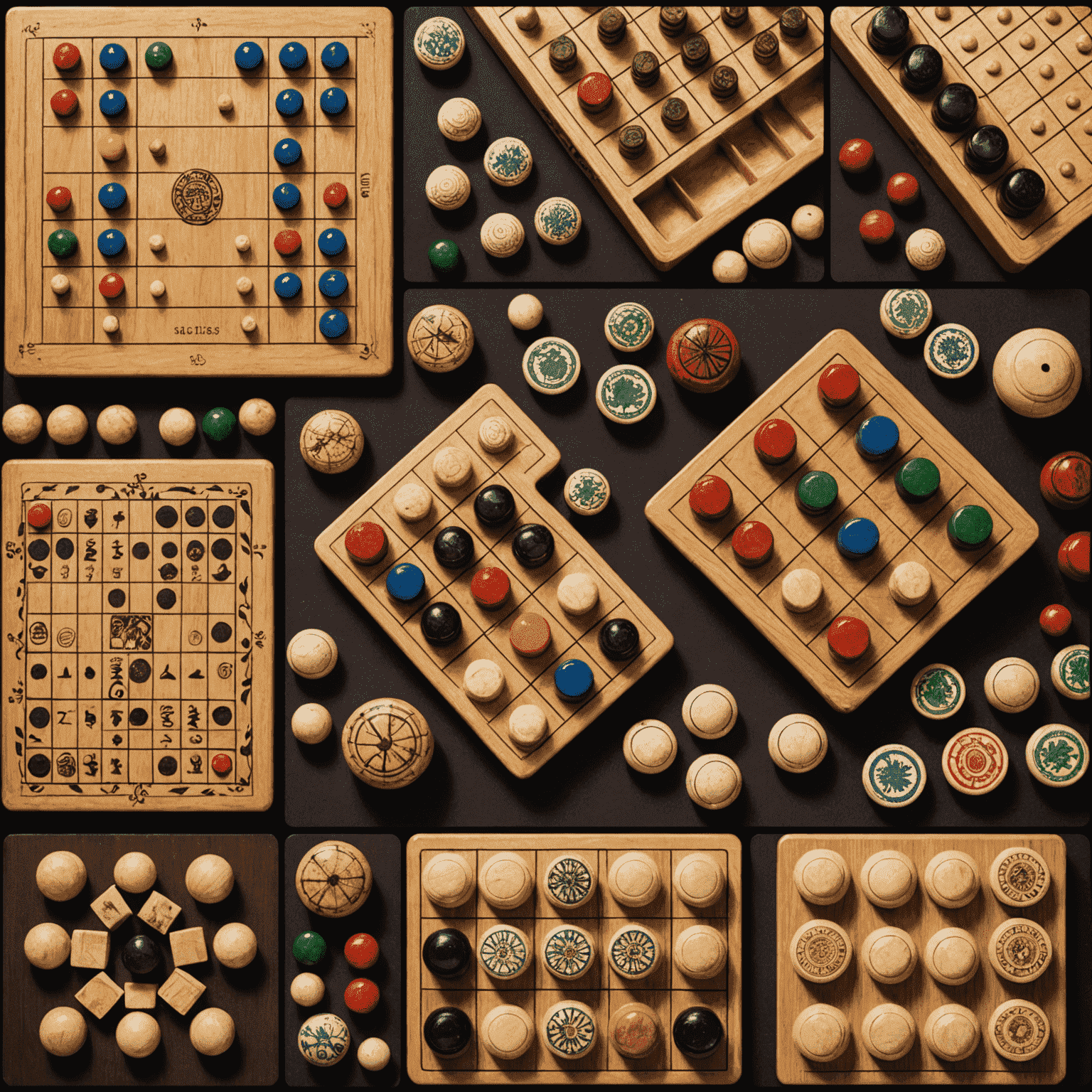 Collage de juegos de mesa tradicionales de diferentes culturas, incluyendo el Go asiático, el Mancala africano, el Ajedrez europeo y el Parchís indio