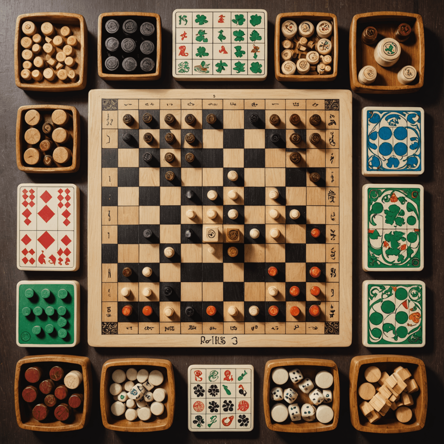 Collage de juegos de mesa de diferentes culturas, mostrando un tablero de ajedrez junto a piezas de Go, dados de Pachisi, y cartas de Mahjong, simbolizando la diversidad de juegos a través de las culturas