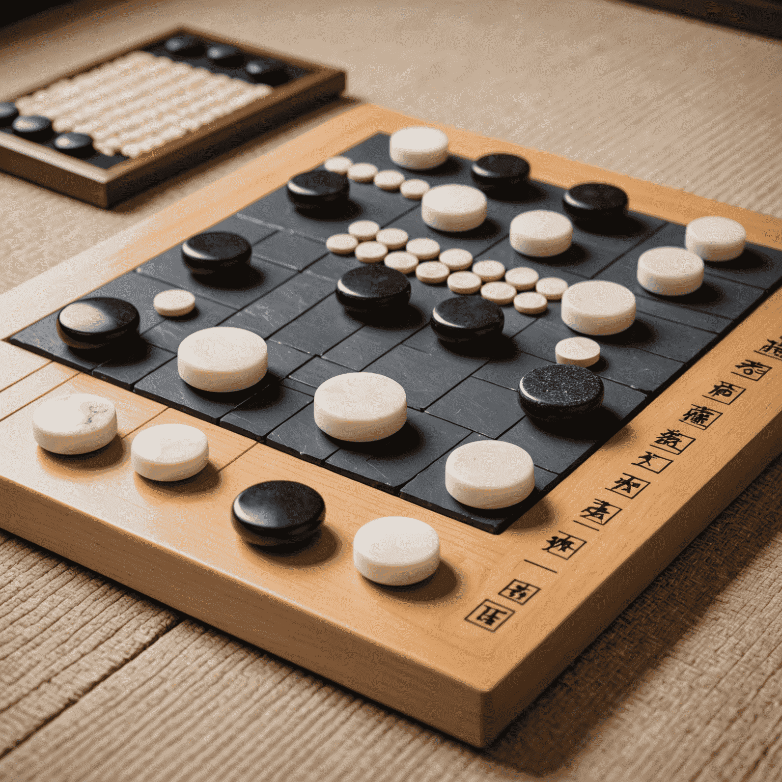 Un tablero de Go tradicional japonés con piedras negras y blancas dispuestas en una formación compleja. El tablero está hecho de madera de alta calidad y las piedras son de pizarra y concha. En el fondo se ve un jardín zen japonés tradicional.