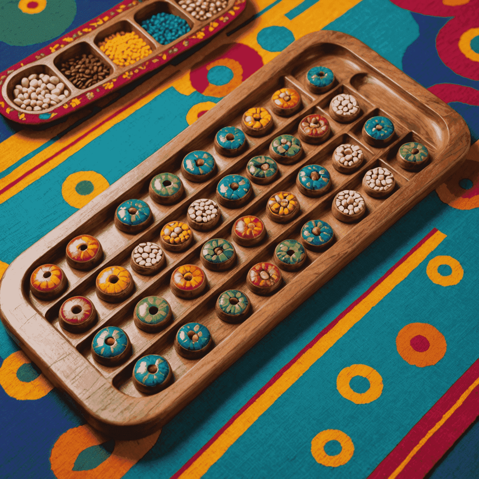 Tablero de Mancala tradicional hecho de madera, con semillas dispersas alrededor, sobre un fondo de tela africana colorida