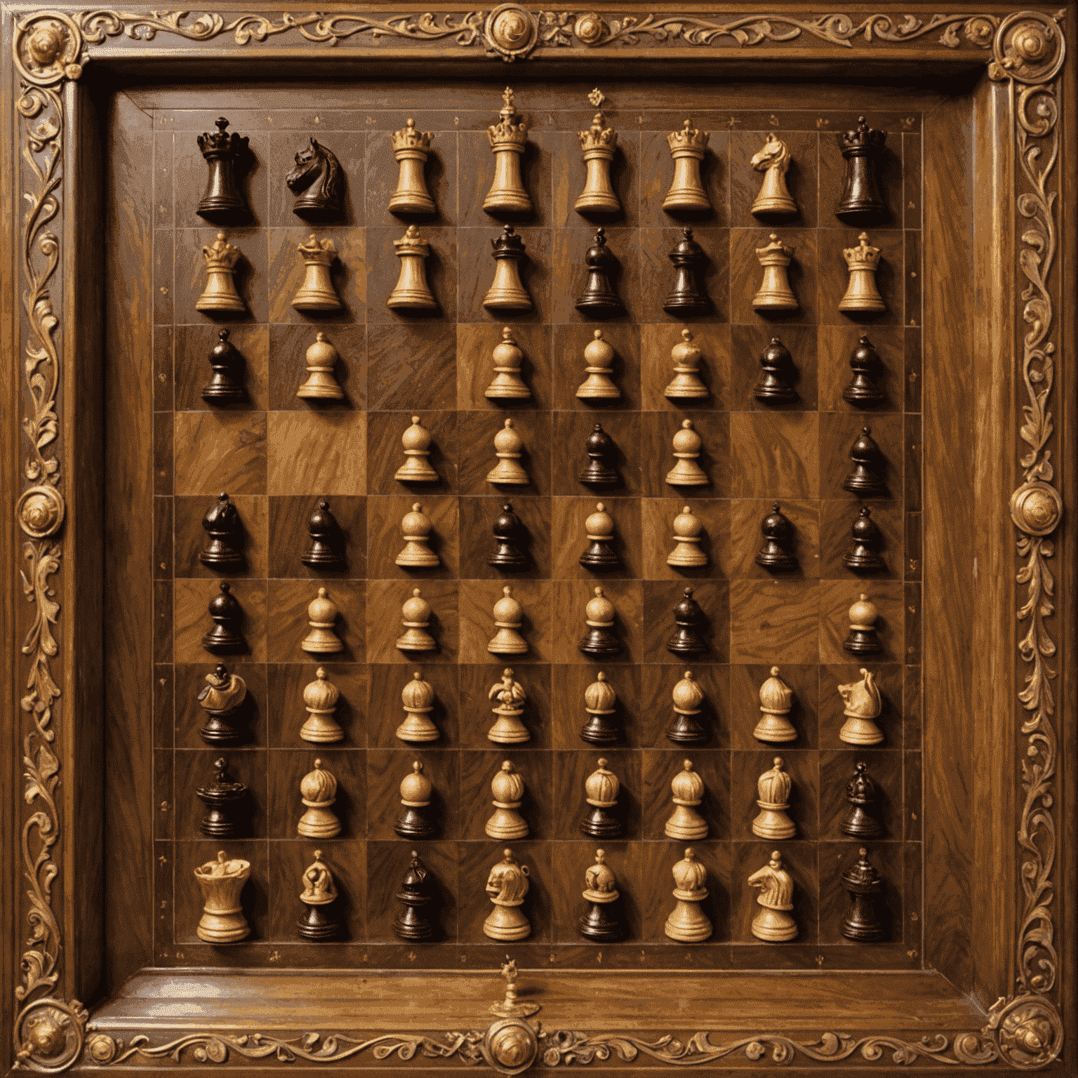 Un tablero de ajedrez antiguo con piezas talladas a mano, situado en un opulento salón del Palacio de Invierno en San Petersburgo. Las piezas reflejan la artesanía imperial rusa, con detalles dorados y gemas incrustadas.