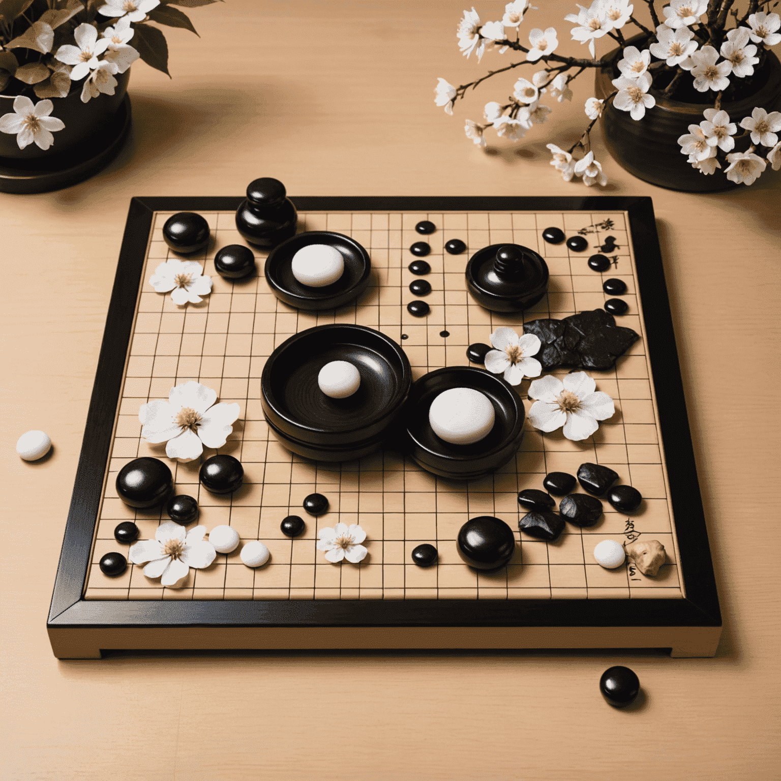 Tablero de Go japonés con piedras negras y blancas, rodeado de elementos tradicionales japoneses como abanicos y flores de cerezo