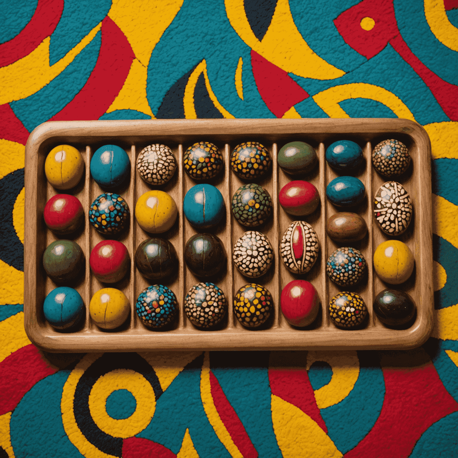 Un tablero de Mancala tallado en madera con semillas coloridas, rodeado de telas africanas vibrantes