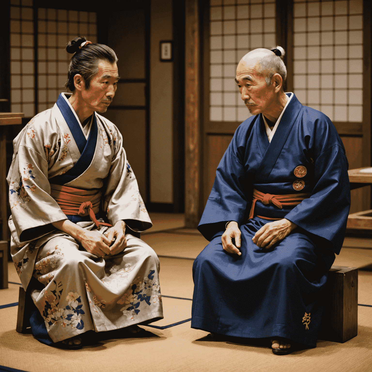 Dos jugadores de Go concentrados en una partida. Uno es un anciano maestro japonés vestido con kimono tradicional, el otro es un joven estudiante occidental. El contraste entre tradición y modernidad es evidente en sus expresiones y vestimenta.