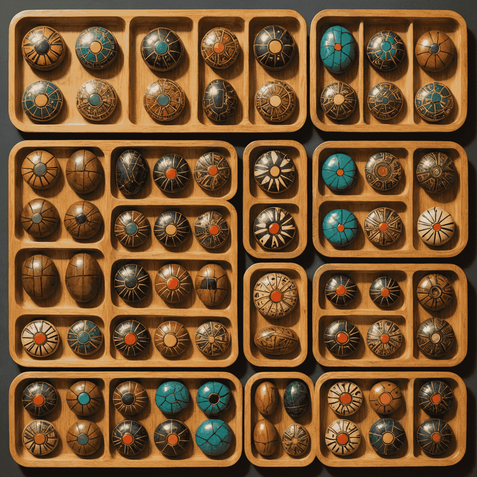 Collage de diferentes tableros de Mancala de varias regiones africanas, mostrando la diversidad de diseños y materiales