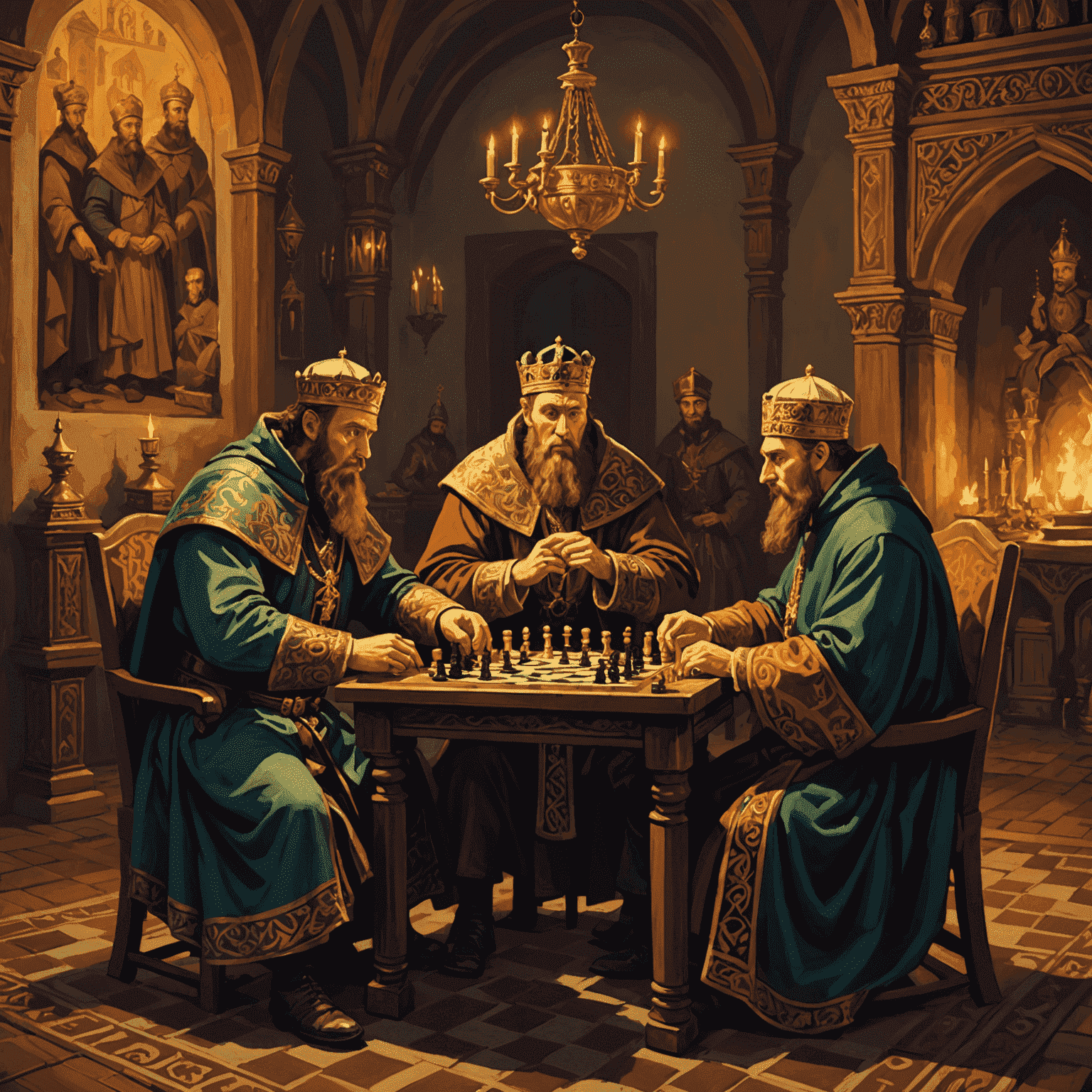 Una pintura que representa a Iván el Terrible jugando al ajedrez con uno de sus boyardos en una sala del Kremlin. La escena está iluminada por velas y muestra la riqueza de la corte rusa del siglo XVI.