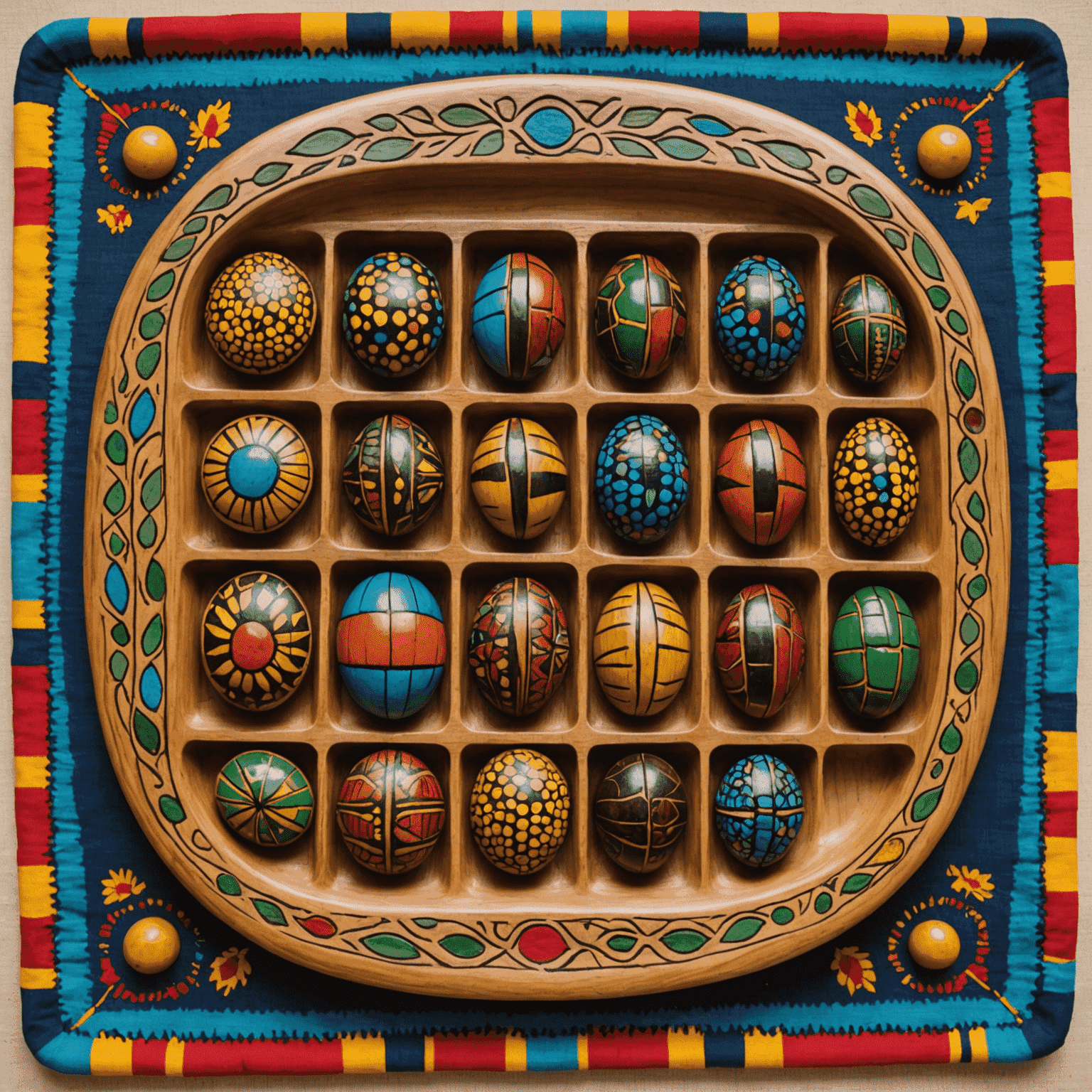 Tablero de Mancala tallado en madera con semillas coloridas, rodeado de telas africanas y artefactos tradicionales