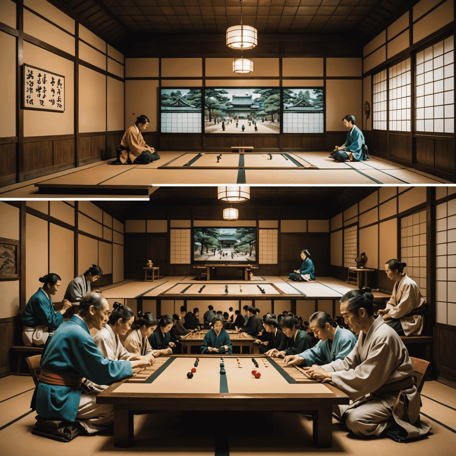 Una imagen dividida que muestra, por un lado, un torneo de Go moderno con pantallas digitales y cámaras, y por otro, una escena histórica de un partido de Go en un palacio japonés antiguo. La yuxtaposición resalta la evolución del juego a través del tiempo.