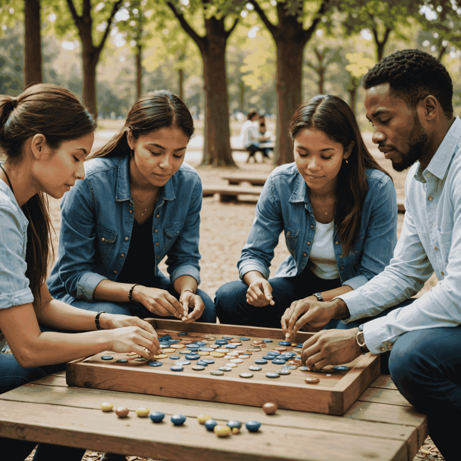 Grupo diverso de personas jugando Mancala en un parque moderno, simbolizando la universalidad y atemporalidad del juego