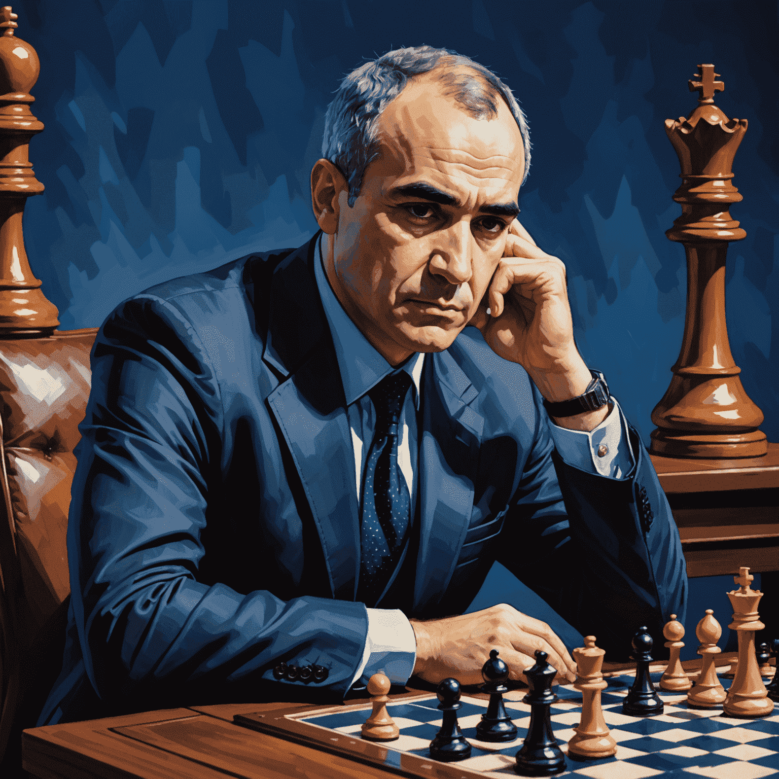 Garry Kasparov concentrado frente a un tablero de ajedrez, jugando contra la computadora Deep Blue. La imagen captura la tensión del momento histórico, con Kasparov apoyando su barbilla en sus manos mientras contempla su próximo movimiento.