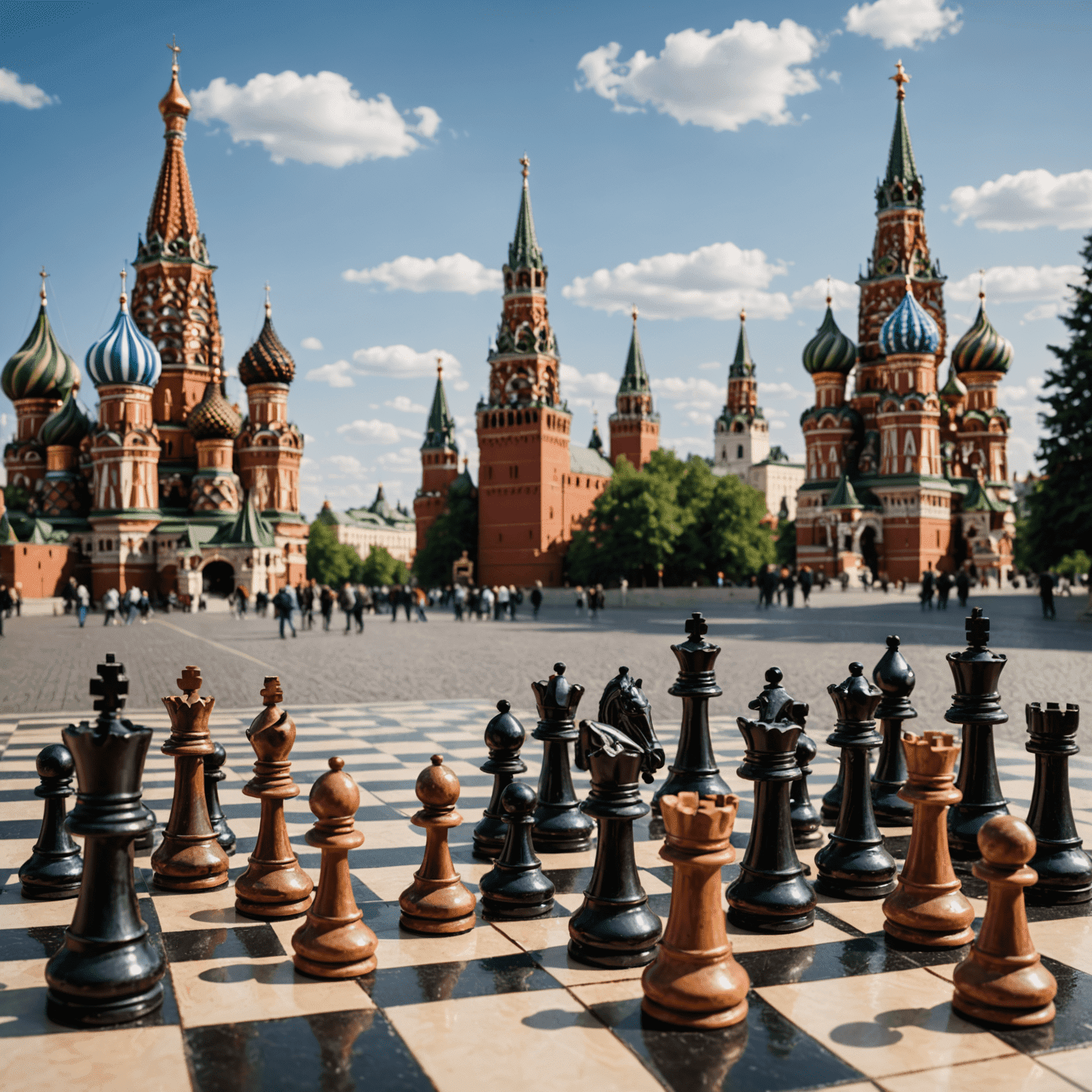 Tablero de ajedrez con piezas ornamentadas rusas, con la Plaza Roja de Moscú de fondo y retratos de famosos grandes maestros rusos