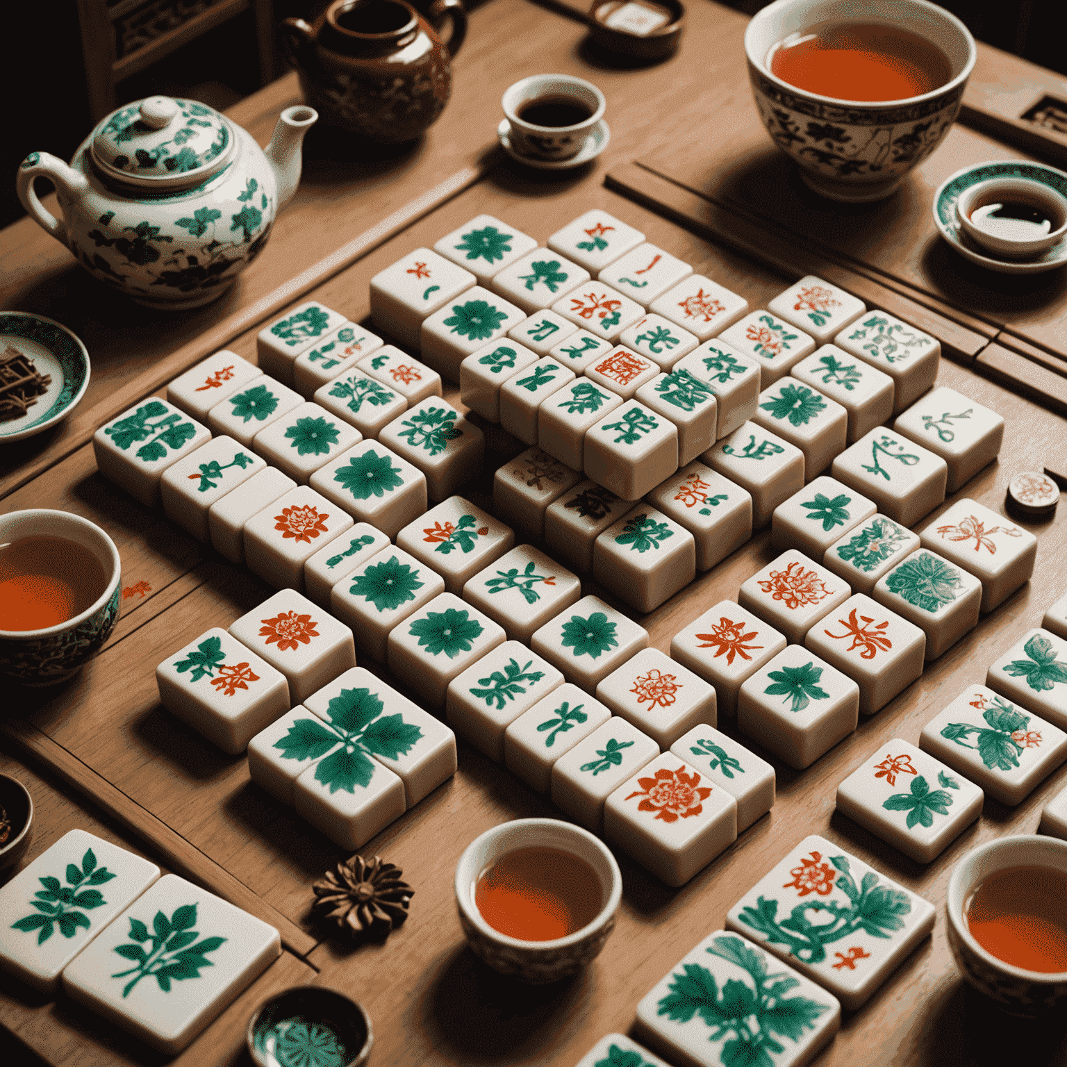 Un juego de Mahjong en progreso con fichas decorativas, té chino y decoraciones tradicionales alrededor