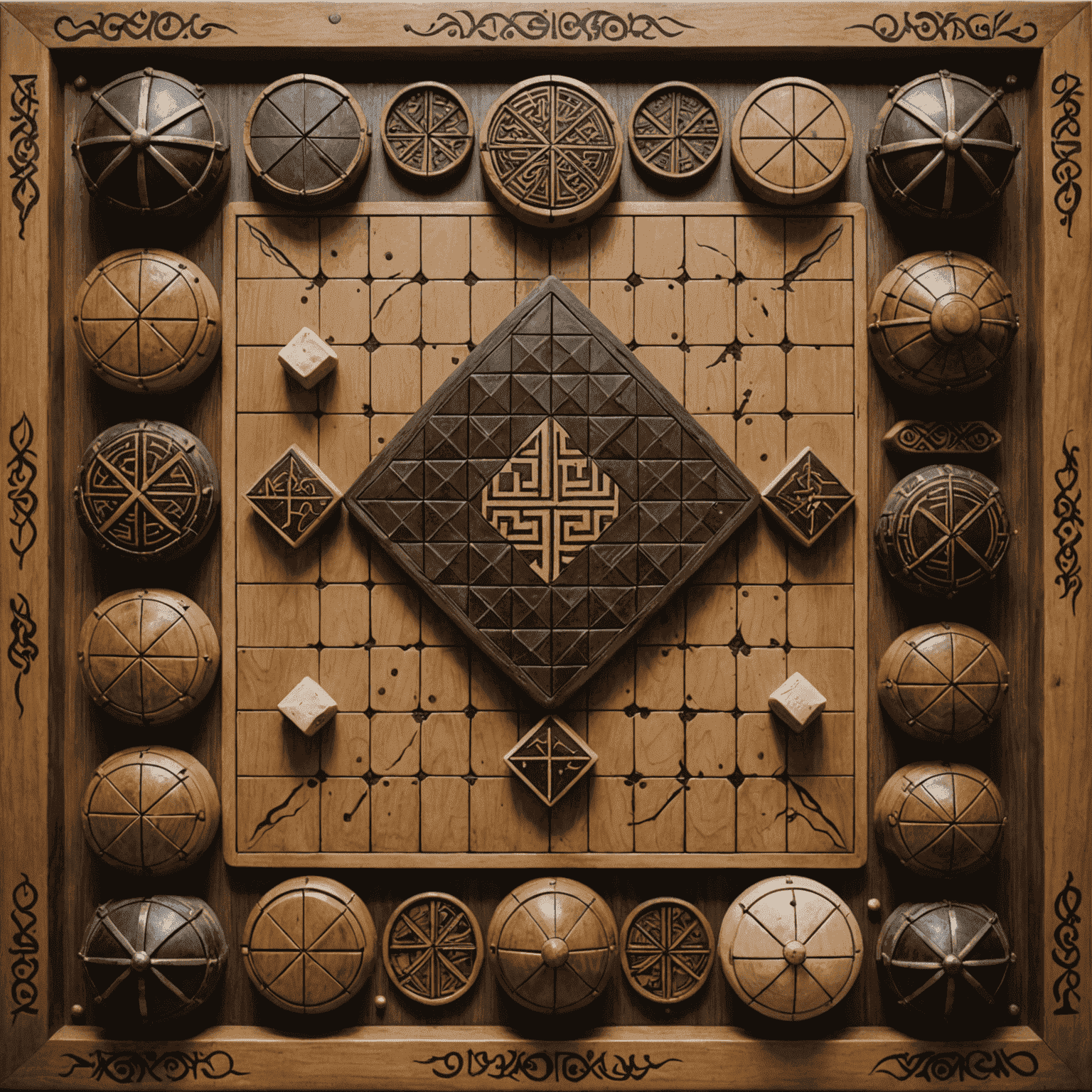 Un tablero de Hnefatafl con piezas talladas en madera, rodeado de artefactos vikingos como cascos y hachas